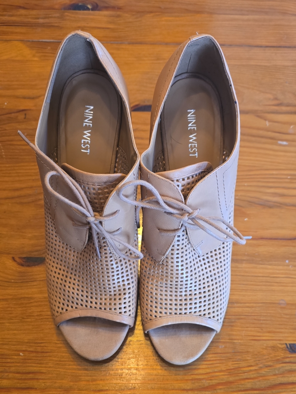 Nine West Taupe Perforated Lace-Up Peep-Toe Heels